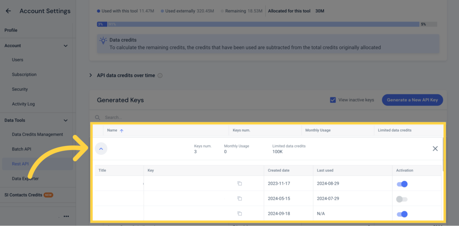 Admin panel showing credit limits